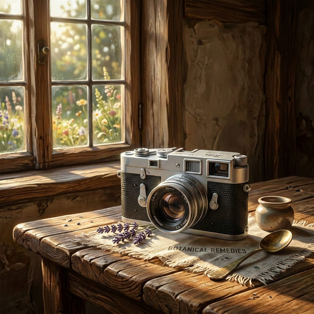 Vintage camera on wooden table with lavender, brass spoon, and ceramic pot