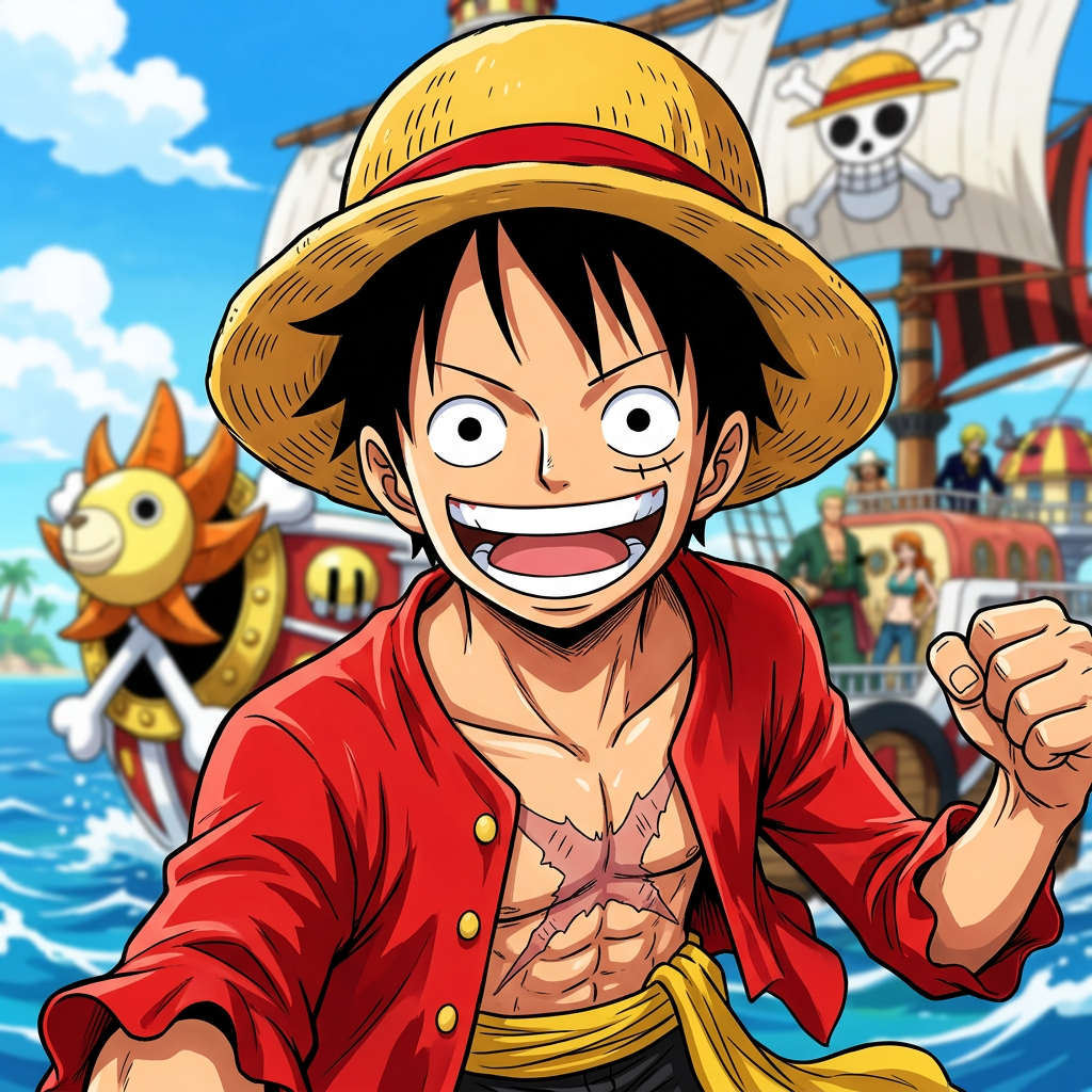Monkey D. Luffy wearing a straw hat and red jacket smiling with fist raised in front of a ship