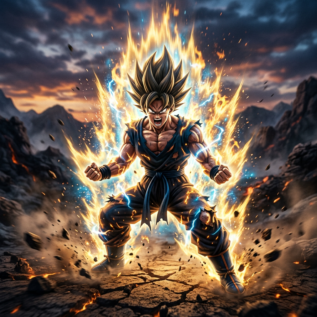 Muscular anime character with spiky hair emitting fiery and electric aura in rocky terrain