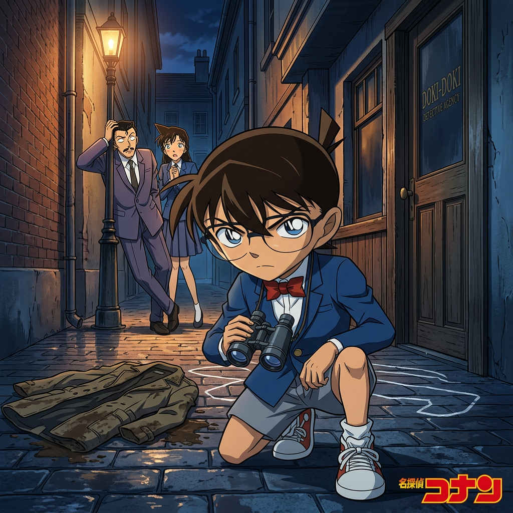 Young detective Conan crouching with binoculars near a chalk outline on a wet stone street