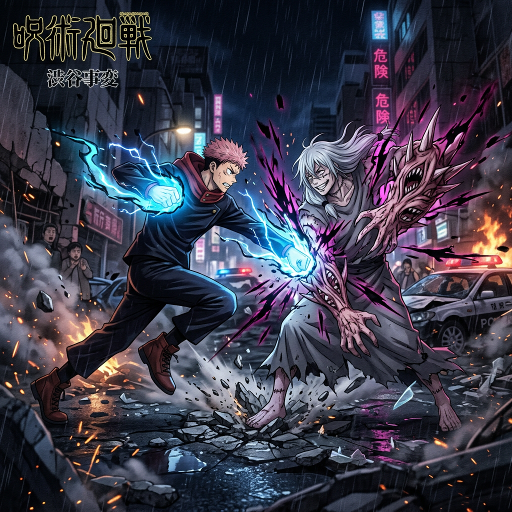 Two characters fighting in a rain-soaked city street with glowing magical powers and destruction around them